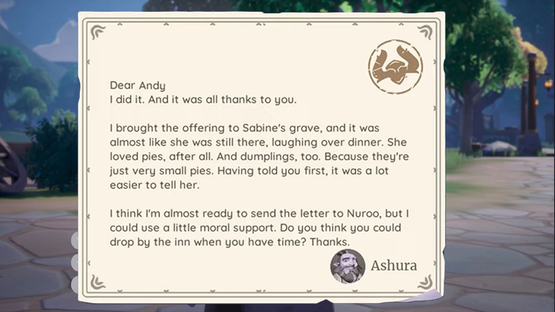 After the memorial, Ashura sends a letter telling you the offering helped him. (Image via Singularity 6)